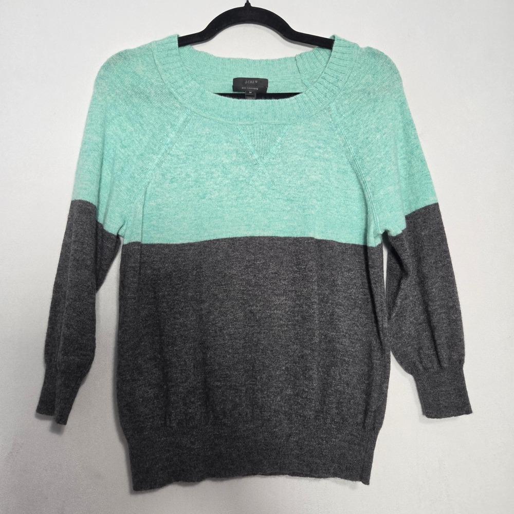J. Crew Sweater Women M Green Grey Colorblock Wool Cashmere Quiet Luxury Preppy